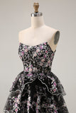 Sparkly White Pink Floral Tiered Strapless Appliqued Prom Dress