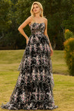 Sparkly Tiered Black Pink Floral Strapless Corset Prom Dress
