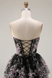 Sparkly White Pink Floral Tiered Strapless Appliqued Prom Dress