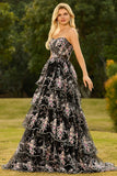 Sparkly Tiered Black Pink Floral Strapless Corset Prom Dress