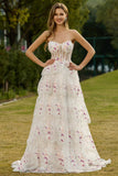 Sparkly Tiered Black Pink Floral Strapless Corset Prom Dress