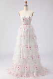 Sparkly Tiered Black Pink Floral Strapless Corset Prom Dress