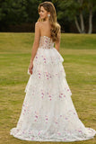 Sparkly Tiered Black Pink Floral Strapless Corset Prom Dress