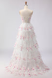 Sparkly Tiered Black Pink Floral Strapless Corset Prom Dress