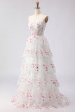 Sparkly White Pink Floral Tiered Strapless Appliqued Prom Dress
