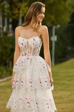 Sparkly Tiered Black Pink Floral Strapless Corset Prom Dress