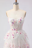 Sparkly White Pink Floral Tiered Strapless Appliqued Prom Dress