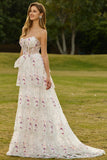 Sparkly Tiered Black Pink Floral Strapless Corset Prom Dress