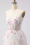 Sparkly White Pink Floral Tiered Strapless Appliqued Prom Dress