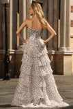 Black White Dot Corset Sweetheart Tiered Prom Dress With Slit