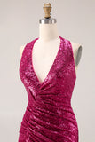 Sparkly Fuchsia Halter Ruched Mermaid Prom Dress