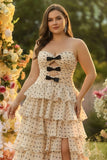 Apricot Black Polka Dot Plus Size Tiered Cut Out Prom Dress