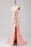 Sparkly Blush Floral Halter Mermaid Cut Out Prom Dress