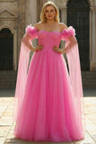 Off the Shoulder 3D Flower Hot Pink Plus Size Prom Dress