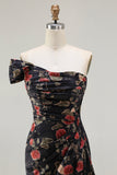Black Red Flower One Shoulder Sheath Prom Dress With Side Cape