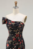 Black Red Flower One Shoulder Sheath Prom Dress With Side Cape