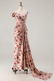 Black Red Flower One Shoulder Sheath Prom Dress With Side Cape