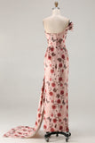 Black Red Flower One Shoulder Sheath Prom Dress With Side Cape