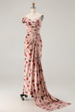 Black Red Flower One Shoulder Sheath Prom Dress With Side Cape
