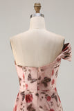 Black Red Flower One Shoulder Sheath Prom Dress With Side Cape