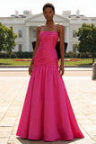 Strapless Fuchsia Ruched Satin Prom Dress with Bow
