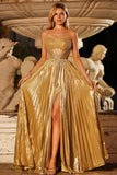 Metallic Golden Strapless Beaded A-Line Maxi Prom Dress