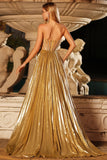 Metallic Golden Strapless Beaded A-Line Maxi Prom Dress