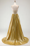 Metallic Golden Strapless Beaded A-Line Maxi Prom Dress