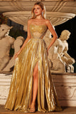 Metallic Golden Strapless Beaded A-Line Maxi Prom Dress