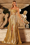 Metallic Golden Strapless Beaded A-Line Maxi Prom Dress