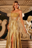 Metallic Golden Strapless Beaded A-Line Maxi Prom Dress