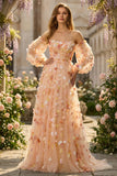Strapless Floral Champagne A-Line Maxi Prom Dress