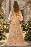Strapless Floral Champagne A-Line Maxi Prom Dress