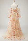 Strapless Floral Champagne A-Line Maxi Prom Dress