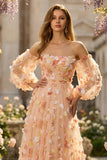 Strapless Floral Champagne A-Line Maxi Prom Dress