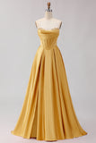 Strapless Golden Satin A Line Corset Prom Dress