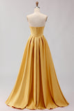 Strapless Golden Satin A Line Corset Prom Dress