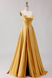 Strapless Golden Satin A Line Corset Prom Dress