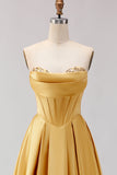 Strapless Golden Satin A Line Corset Prom Dress