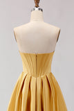 Strapless Golden Satin A Line Corset Prom Dress