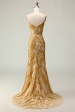 Golden Mermaid Beaded Strapless Prom Dress With Slit