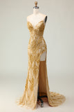 Golden Mermaid Beaded Strapless Prom Dress With Slit