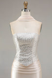 Champagne Satin Mermaid Beaded Strapless Prom Dress With Streamer