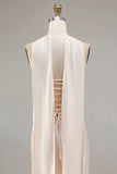 Champagne Satin Mermaid Beaded Strapless Prom Dress With Streamer