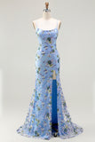 Black Purple Flower Sequin Embroidered Mermaid Prom Dress With Slit
