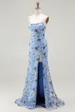 Black Purple Flower Sequin Embroidered Mermaid Prom Dress With Slit