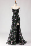 Black Purple Flower Sequin Embroidered Mermaid Prom Dress With Slit