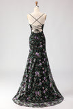 Black Purple Flower Sequin Embroidered Mermaid Prom Dress With Slit