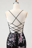 Black Pink Flower Mermaid Tulle Prom Dress with Appliques