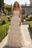 Strapless Pink Floral Corset A-Line Prom Dress With Ruffles